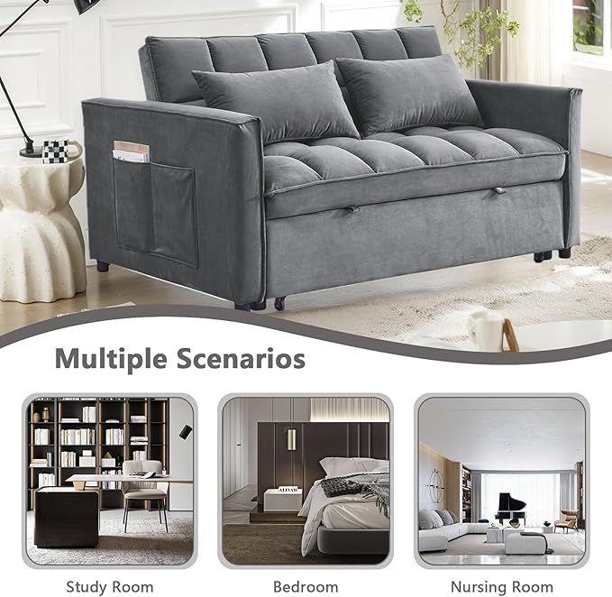 54 Convertible Sofa Bed Velvet Sleeper Sofa with Pull-Out Bed 3-in-1 Futon Couch with Reclining Backrest and Side Pocket Modern Loveseat for Living Room (Medium Grey)