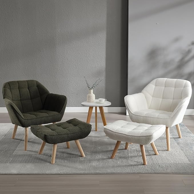 Modern Sherpa Accent Chair with Ottoman Set of 2 Fluffy Upholstered Lounge Chair with Footrest Comfy Living Room Side Boucle Armchair for Small Space Bedroom White