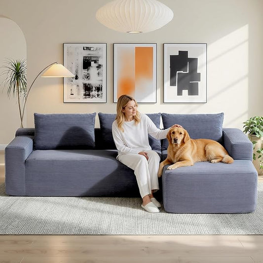 97 Cloud Sectional Couch Modern Boneless Couch with L-Shape Chaise Deep Seat Modular Sectional Sofa Corduroy Corner Foam Couches for Living RoomNo Assembly Required(Blue Gray Right Chaise)