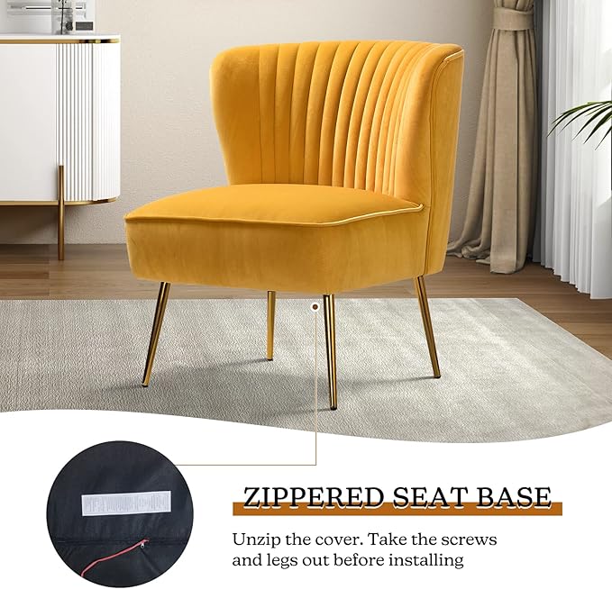 TINA'S HOME Velvet Accent Chair Set of 2 with Metal Golden Legs Upholstered Armless Slipper Chair with Wingback Mid Century Side Chair for Living Room Bedroom Vanity- Mustard