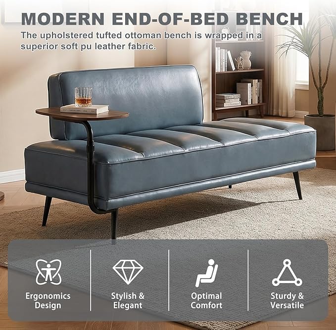55 Faux Leather Upholstered Sofa Entryway Ottoman Modern End of Bed Bench with Side Table 360-degree Swivel Tray Couch Window Bench with Metal Legs for Bedroom Living Room (Grey)