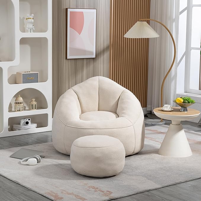 Small Bean Bag Chairs for Adults Single Sofa Chair with Ottoman Footrest Bean Bag Couch for Teens with Foam Filler Included Comfy Soft Lazy Sofa for Small Space/Living Room/Bedroom/Study