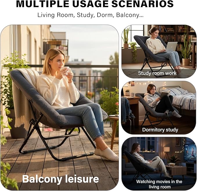 Tiita Comfy Folded Chair Soft Faux Fur Oversized Folding Accent Chair Lazy Chair for Teens Adults Metal Frame Moon Chair for Bedroom Living Room Dorm Rooms
