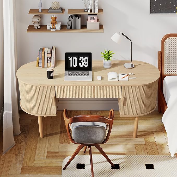 ORRD Home Office Oval Desk with Sliding Tambour Door and Drawer Modern Fluted Wood Executive Computer Storage Desk for Study Living Room Bedroom Office - Natural