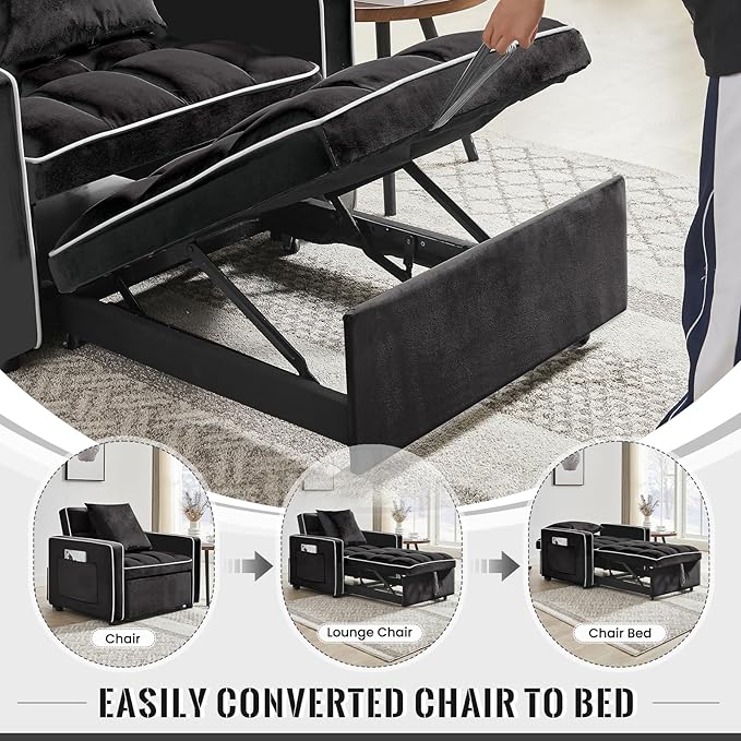 3 in 1 Velvet Sleeper Chair Pull Out Bed Convertible Single Sofa Bed Futon Modern Tufted Chair with Adjustable Backrest Pullout Sleeper Sofa Chair for Bedroom Living Room Indoor Lounge(Black)