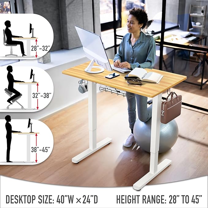 SHW 40-Inch Electric Height Adjustable Standing Desk with Drawer Memory Preset and Cable Management Tray Oak