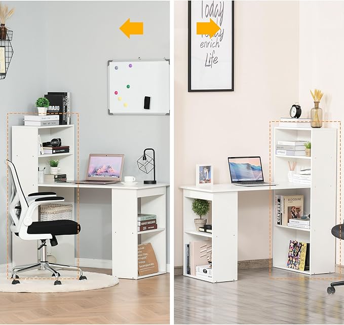 HOMCOM Modern Home Office Desk with 6-Tier Storage Shelves 47 Writing Desk with Bookshelf White
