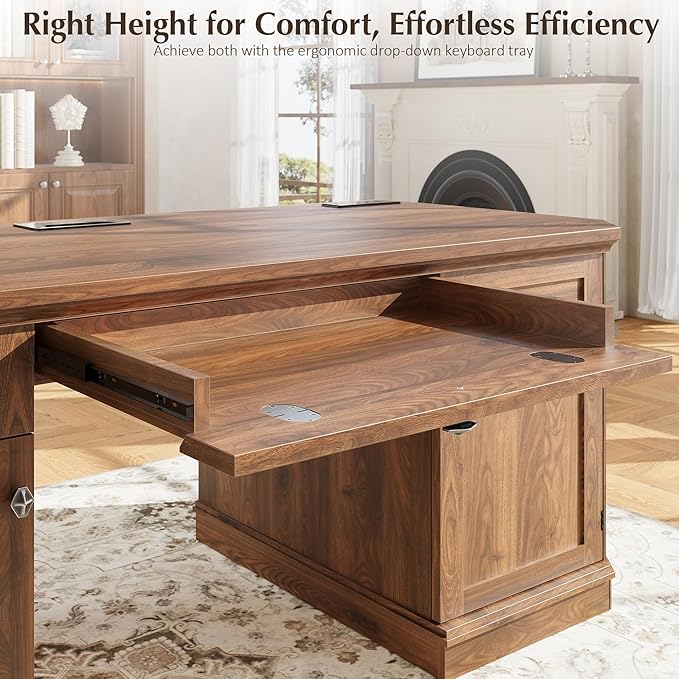 59 Classic Executive Desk with Storage Victorian Executive Desk with Charging Station Keyboard Tray 3 Drawers &amp 2 Cabinet Storage &amp 2 Pedestals Easy Assembly Dark Walnut