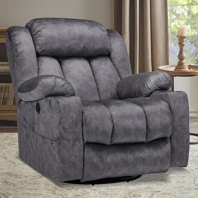 Swivel Rocker Recliner Chair with Heat and Massage Manual Glider Rocking Reclining Chair 360° Swivel Overstuffed Lounge Chair with 2 Cup Holders Side Pockets &amp USB Ports Fabric Grey