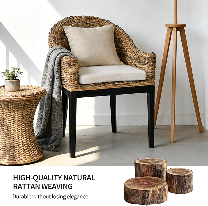 DUHOME Rattan Accent Chair - Modern Armchair with Natural Rattan Armrest Black Solid Wood Legs &amp Inset Beige Cushion Leisure Chair for Balcony Living Room
