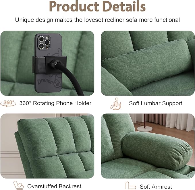 Rocker Recliner-Loveseat Recliner SofaCat-Proof Reclining Loveseat with Phone Holder RV Douber Recliner Sofa for Home TheaterLiving Room (Green-2 Seater) | Rocker Phone Holder