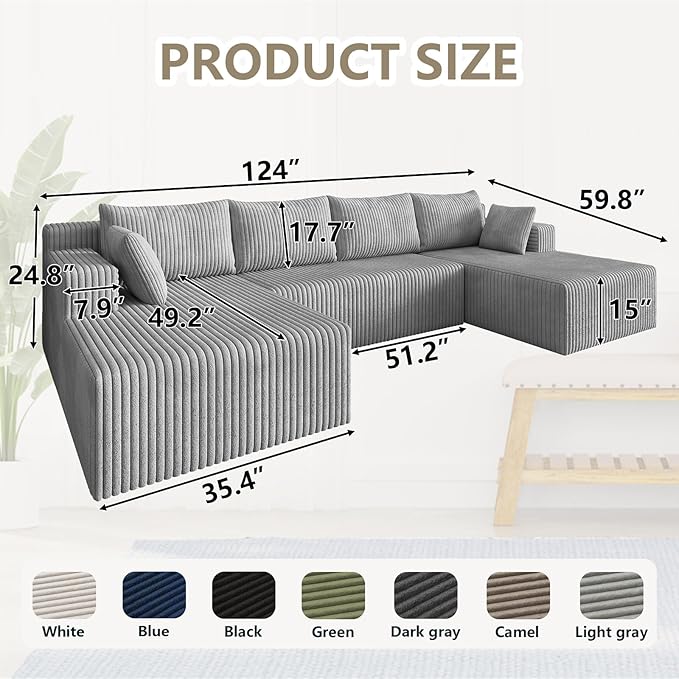 124 U Shaped Cloud Couch Sectional Corduroy Upholstered 4-Seater Cloud Couches for Living Room Deep Seat Modular Boneless Sofa with Lounge Chaise No Assembly Required Light Grey