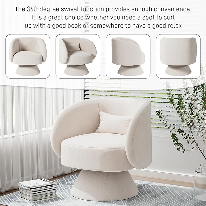 Swivel Barrel Chair Set of 2 Upholstered Swivel Accent Chairs for Living Room Comfy 360 Degree Modern Small Round Armchair for Bedroom Office (Beige White Linen)