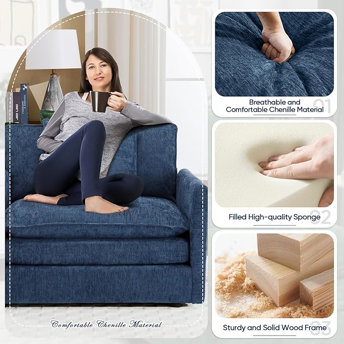 Oversized Accent Chair with Ottoman Modern Cloud Chaise Lounge Chair Indoor with Deep Seat Upholstered Comfy Armchair Reading Chairs Sofa for Bedroom Living Room Apartment Blue Chenille