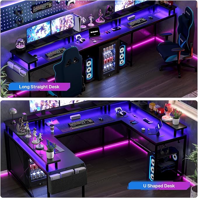 GarveeHome U Shaped Desk with Power Outlets &amp LED Lights 79 in Reversible L Shaped Desk Corner Computer Desk Office Desk with Full Monitor Stand Black