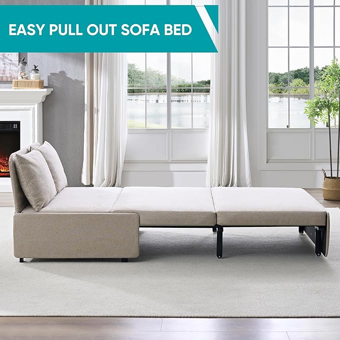 BALUS 43 Width Twin Pull Out Sofa Bed Sleeper Couch with Pullout Beds Convertible 2 in 1 Linen Sleepers Sofas Armless Chair with Pillows and 3.9 Mattress for Small Space Apartment Loft Beige