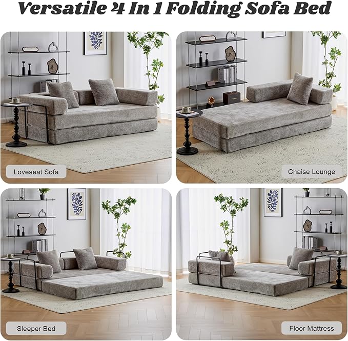 Folding Sofa Bed Modular Sectional Cloud Couch Convertible Sleeper Sofa Bed with Pillow Back Support Armrest for Living Room Bedroom Lounge No Assembly Required Chenille(Light Grey)