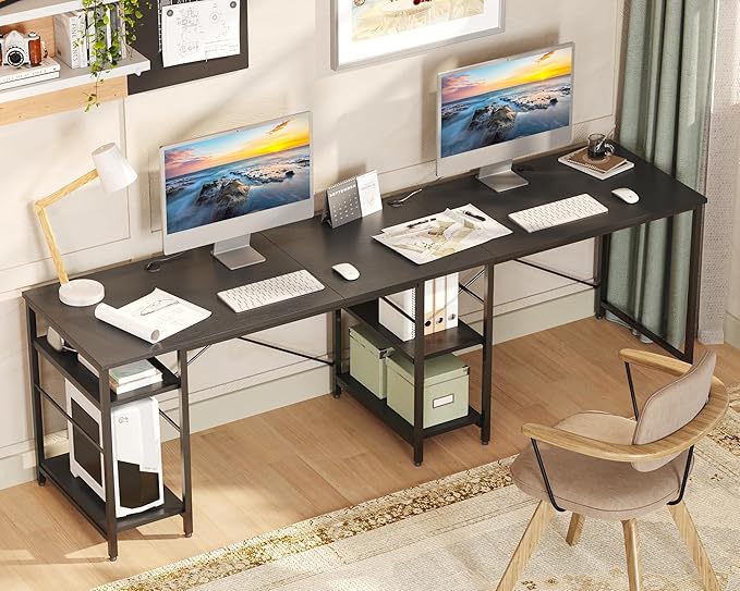 Bestier 95.2” L Shaped Desk Reversible Corner Computer Desk or 2 Person Long Table with Adjustable Shelves Large Writing Study Workstation with 3 Cable Holes - Black