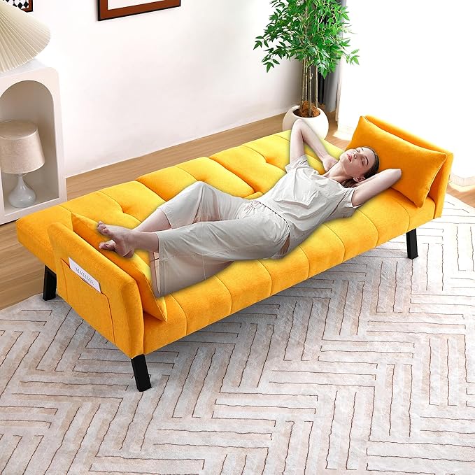 70 Convertible Sofa Bed Modern Futon CouchAdjustable Backrest Cotton Linen with Cup Holders and 2 Throw Pillows Sleeper Sofa for Living Room Apartment Small Space (Yellow)