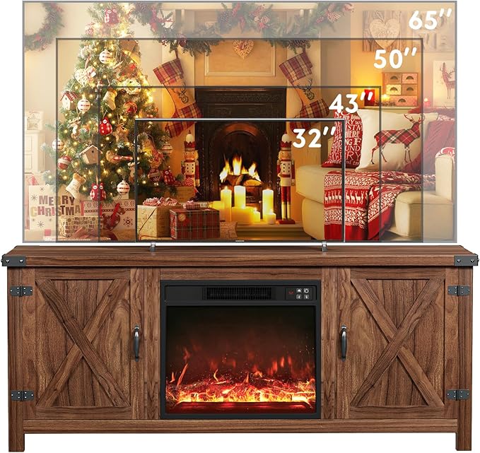 YESHOMY Fireplace TV Stand with Two Barn Doors and Storage Cabinets for Televisions up to 65+ Inch Entertainment Center Console Table Media Furniture for Living Room 58 Inch Walnut