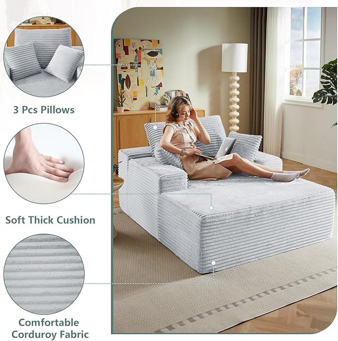 50Oversized Chaise Lounge Chair IndoorCorduroy Boneless Reading Chair with 3 PillowsDeep Seat Cloud Sofa BedComfy Modern Sleeper Chairs in Box for Living Room BedroomNo Assembly(Light Grey)