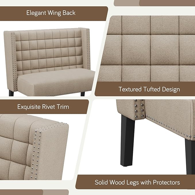 Yongqiang Modern Upholstered Bench with Back Tufted Loveseat Settee for Dining Room Living Room Entryway Sofa Couch Banquette with Wood Legs Khaki