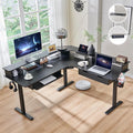 RedLemon 60 Inches L Shaped Electric Standing Desk Height Adjustable Corner Gaming Desk with Drawers Power Outlets &amp LED Lights Computer Desk with Monitor Shelf Carbon Fiber Black