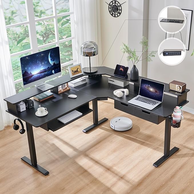 RedLemon 60 Inches L Shaped Electric Standing Desk Height Adjustable Corner Gaming Desk with Drawers Power Outlets &amp LED Lights Computer Desk with Monitor Shelf Carbon Fiber Black