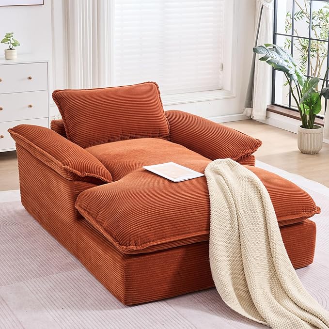 GNIXUU 67 Oversized Chaise Lounge Chair Indoor Corduroy Upholstered Boneless Sleeper Sofa Bed Comfy Large Reading Chair with Wide Armrests Plush Cloud Couch for Living Room Bedroom Orange | easy