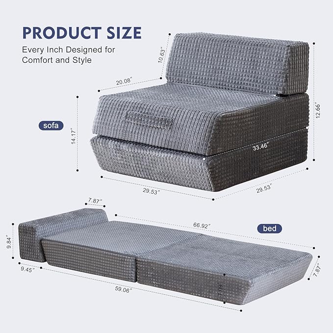 Futon Sofa BedSleeper Chair - Convertible Sectional Sleeper Sofa Floor Bed Mattress for Guest BedRemovable Zippered Back Support Perfect for Living Room and Bedroom (Gray)