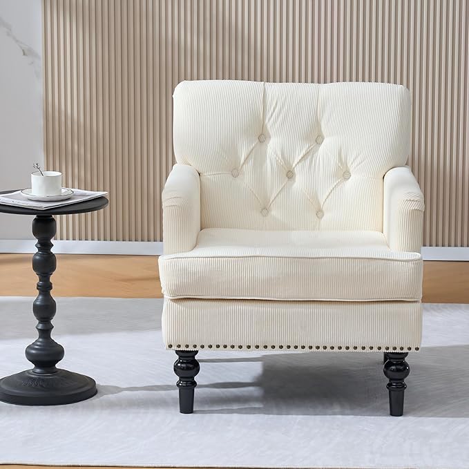 Club Chair Accent Chair Tufted Upholstered Button Armchair Linen Fabric Sofa Chairs for Bedroom Living Room Mid Century Modern Reading Chair