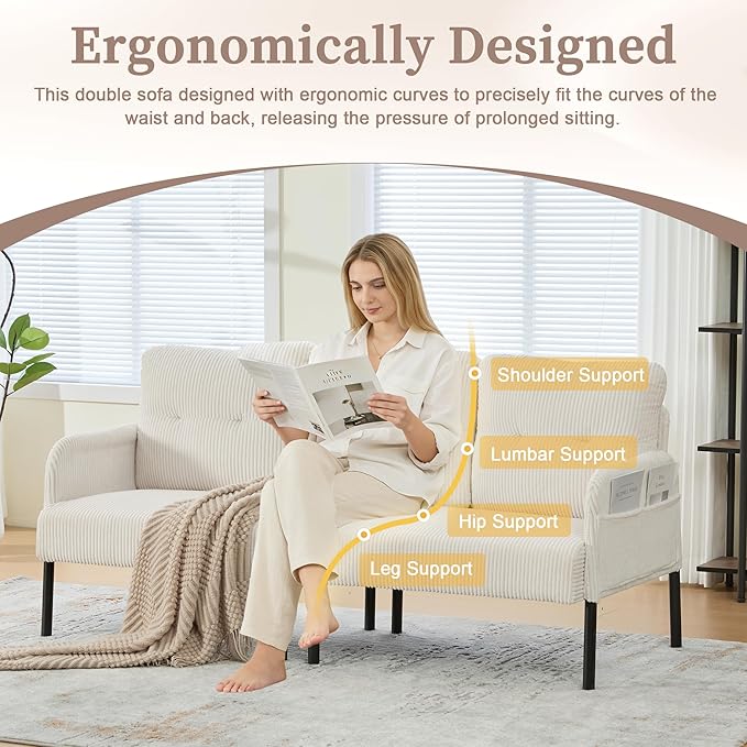 KEIKI 67 Corduroy Loveseat Sofa with Double Side Pockets &amp High Resilience Cushion Modern Style Upholstery Oversized 2-Seater Couch with Metal Legs Easy Assembly for Living Room Beige