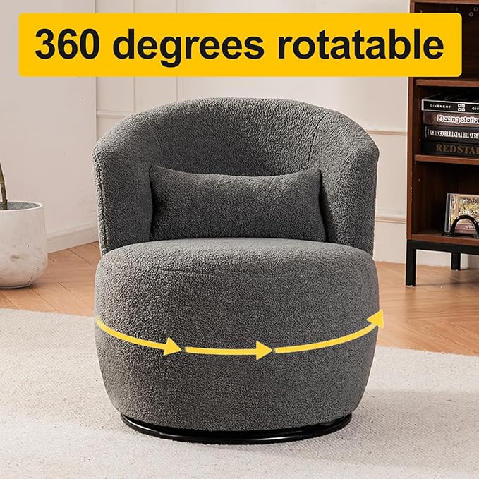 Leavader Contemporary Swivel Accent Chair - 360° Rotation White Plush Sofa Chair Modern Round Armchair with Metal Base for Nursery Living Room Lounge (Grey)