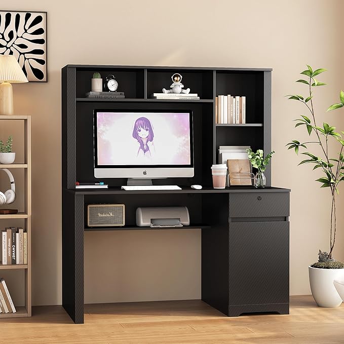 Computer Desk with Charging Station Home Office Desk with Bookshelf and Drawer Study Table Writing Desk with Storage and Lock Gaming Computer Desk for Bedroom Office Living Room(Black)