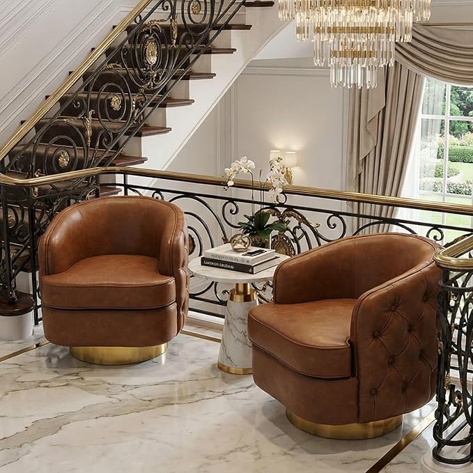 Brown Leather Barrel Swivel Chair Modern PU Accent Chair 360° Rotating with Tufted Back for Living Room Bedroom Office with Removable Cushion Mid-Century Modern Club Seating