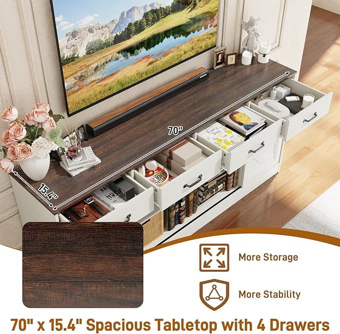 St.Mandyu 70 Large Farmhouse TV Stand for 85/80/75/70 Inch TVs w/4 DrawersRustic Tall Media Console w/Sliding Barn Door Adjustable ShelvesTall Entertainment Center for Living RoomWhite
