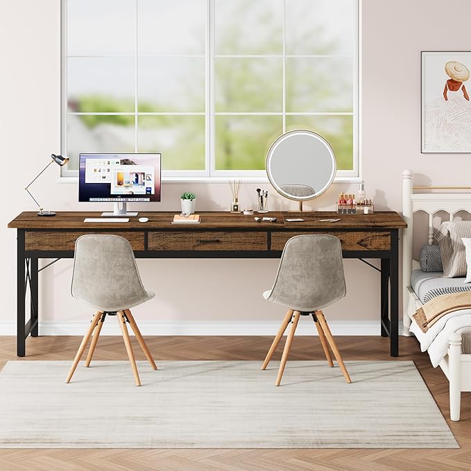 78.7 inch Extra Long Computer Desk with 3 Drawers Two Person Office Desk Double Desk with Hooks Industrial Writing Study Table Workstation for Home Office Vintage Brown