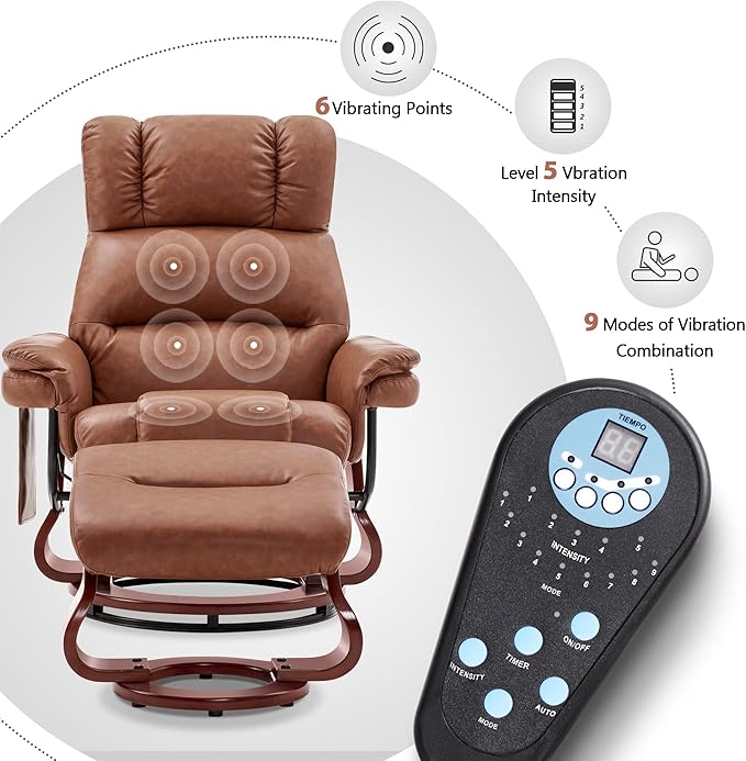 MCombo Swivel Recliners with Ottoman Reclining TV Chairs with Vibration Massage Faux Leather Ergonomic Lounge Chair for Living Room Bedroom 4832 (Saddle)