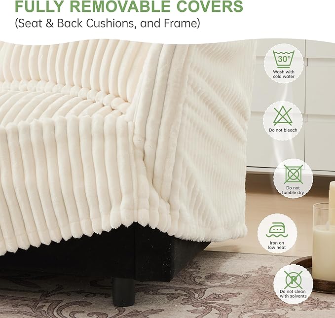 Modular Accent Armchair with Ottoman and Pillows Soft Corduroy Lounge Chair for Living Room Bedroom or Reading Nook – Oversized Chaise Lounge Design (White Single Chair)