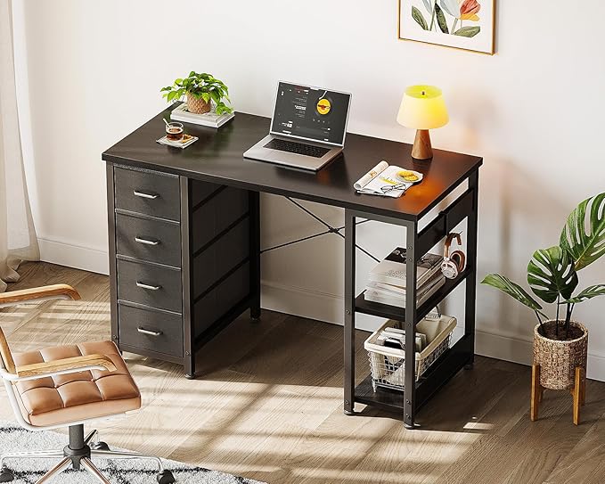 ODK 40 Inch Small Computer Desk with 4 Fabric Drawers Modern Writing PC Desk for Small Spaces Study &amp Home Office Desk with Storage Shelves Black