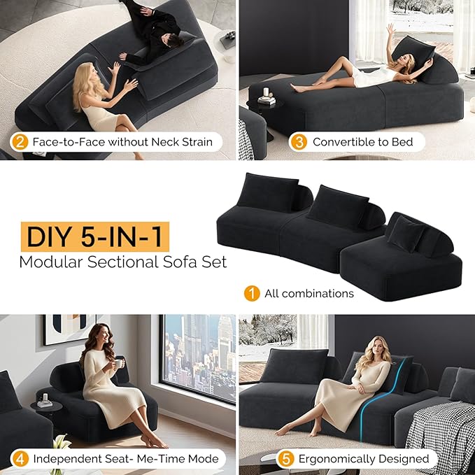 139 Oversized Modular Sectional Sofa Set Chenille Cloud Boneless Couch with Removable Backrests &amp Soft Pillows No Assembly Required DIY Upholstered Sofa Bed for Living Room (Dark Gray)