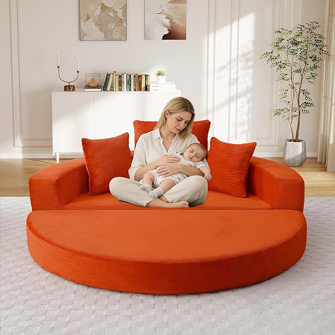 67” Oversized Round Sofa Bed 2 in 1 Convertible Circle Bed Folding Futon Lazy Floor Round Chaise Lounge Chair Comfy Corduroy Boneless Loveseat Couch for Living Room Apartment No Assembly (Orange)