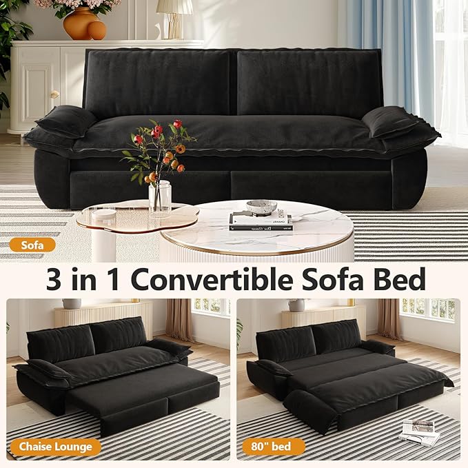 73.2 Queen Size Sofa Bed 3 in 1 Convertible Pull Out Sleeper Sofa with Thicked Cushions and Side Storage Velvet Loveseat Couch for Home Living Room Bedroom Apartment Lounge Small Spaces Black