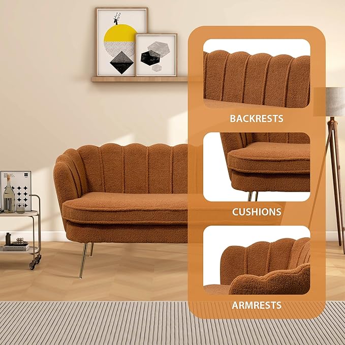 Aoiy &amp Wifon 59 W Comfy Small Loveseat for Small Spaces Upholstered 2-Seat Settee Loveseat with Metal Legs Boucle Caramel