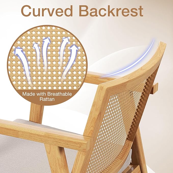 GOFLAME Rattan Accent Chairs Set of 2 Comfy Mid-Century Modern Cane Lounge Armchairs with Rattan Back &amp Removable Seat Cushion Reading Chairs with Solid Rubber Wood Frame for Living Room Bedroo