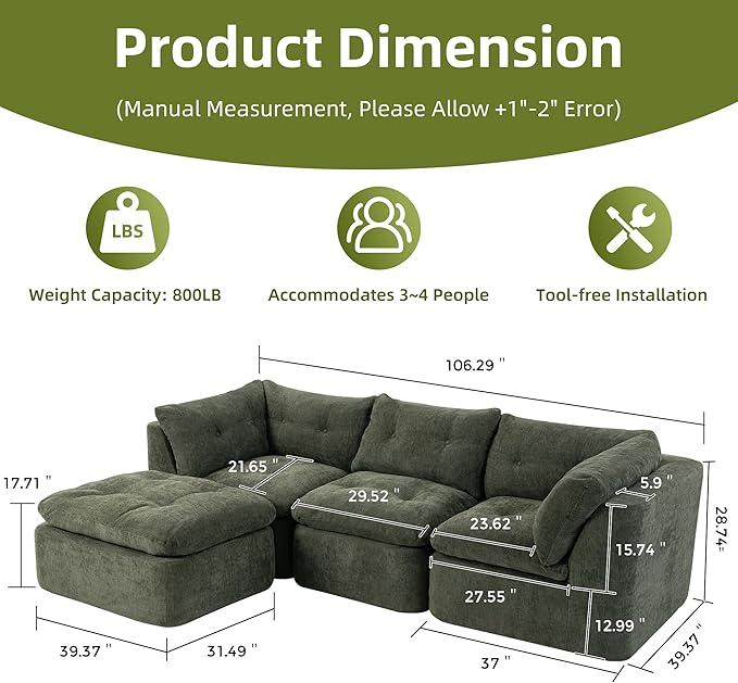 L Shaped Modular Sectional Sofa with Ottoman 106 Cloud Couch with Deep Seats &amp Layered Cushions No-Assembly Upholstered Sofa in a Box Boneless Couches for Living Room Green