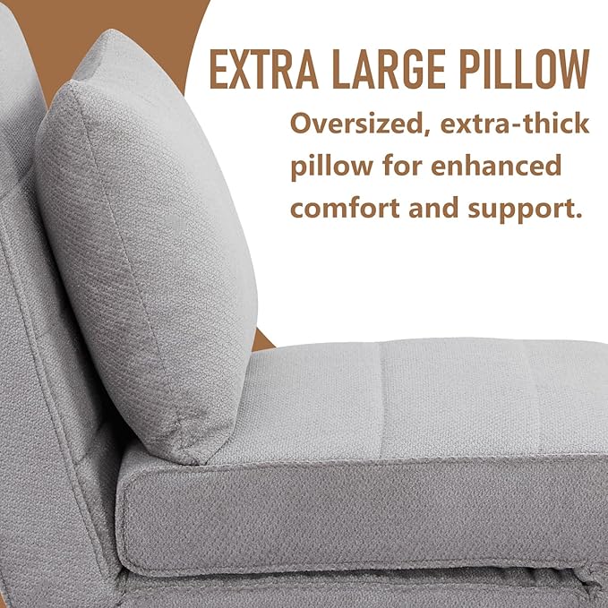 3 in 1 Sleeper Chair Bed Foldable Convertible Chair with Thickened Cushion and Sponge OTE Chenille Fabric Adjustable Backrest Upholstered Accent Chair for Apartment/Bedroom/Office - Light Gray