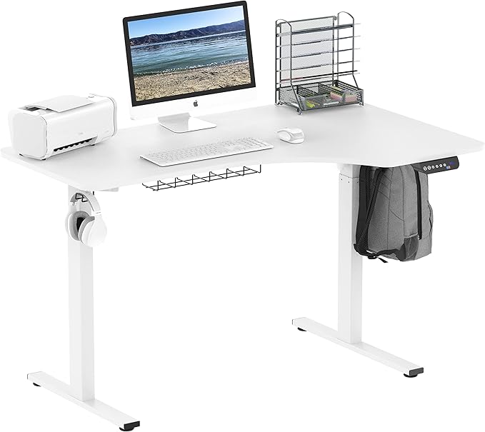SHW 55-Inch Large Electric Height Adjustable L-Shaped Standing Desk with Right Facing Corner White