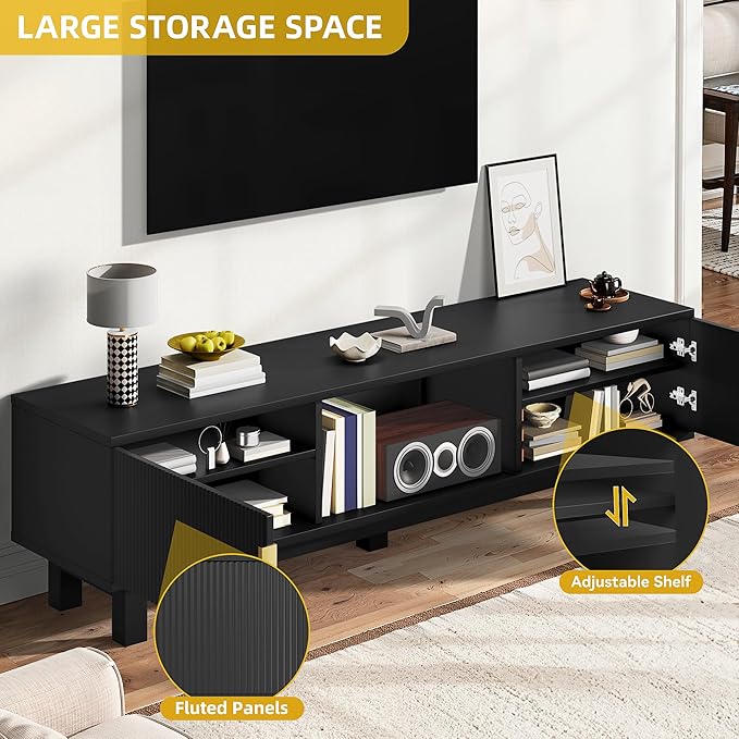 DWVO Fluted TV Stands for Living Room Entertainment Center for TVs up to 65 Inch Mid Century Modern Media Console with Power Outlets &amp Storage Compartments 59 Long TV Cabinet Black