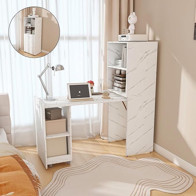 Foldable Desk Hidden Expandable Desk with Storage and Storage Shelves Mid-Century Modern L-Shape Fold Out Table for Small Spaces Apartments Home Office and Bedroom (White-01 15.75-49.60)